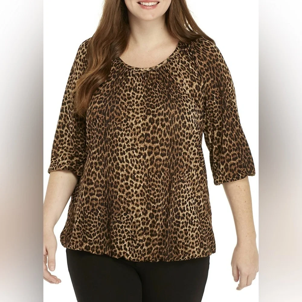 Nwt Michael Kors leopard print gathered round neck top with ruffled sleeves M